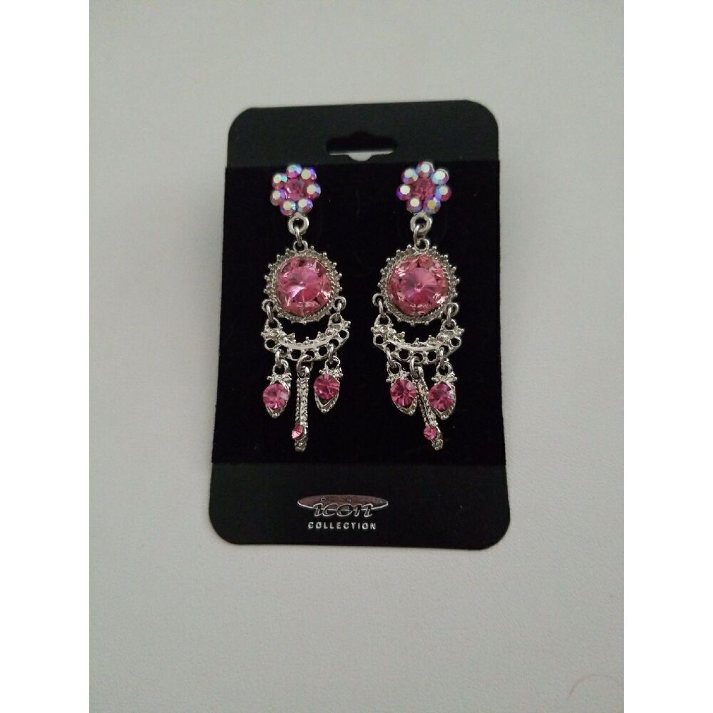 Pretty New Sparkling Silver Pinkā& White Crystal Chandelier Dangle Earrings